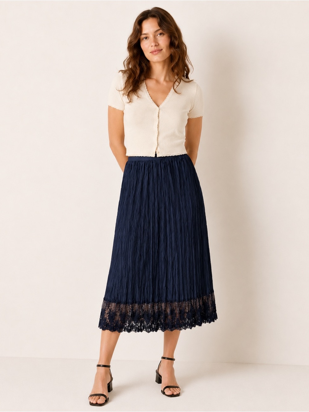 Sinequanone Paris Pleated Midi Skirt Black Lace Trim OS